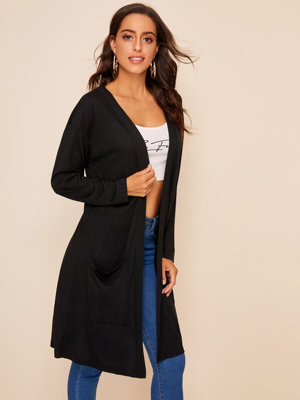 

Pocket Front Open Placket Solid Coat, Black, Mary P.