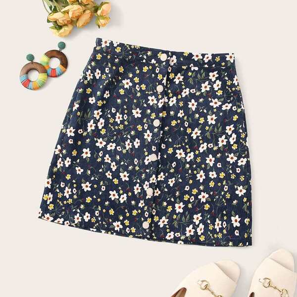 

Floral Print Button Up Cord Skirt