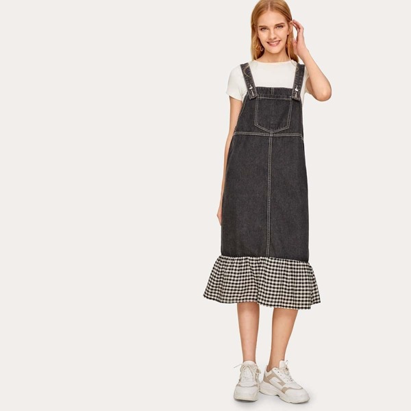 

Contrast Gingham Mermaid Hem Denim Strap Dress