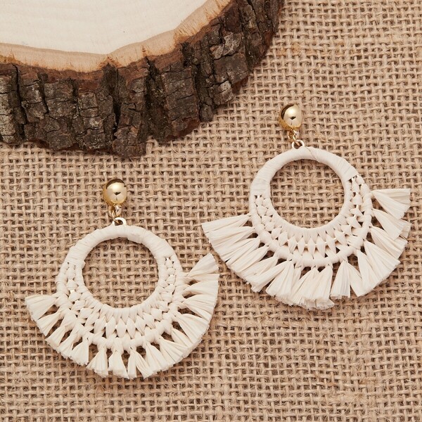 

Stud Back Woven Straw Hoop Earrings, White