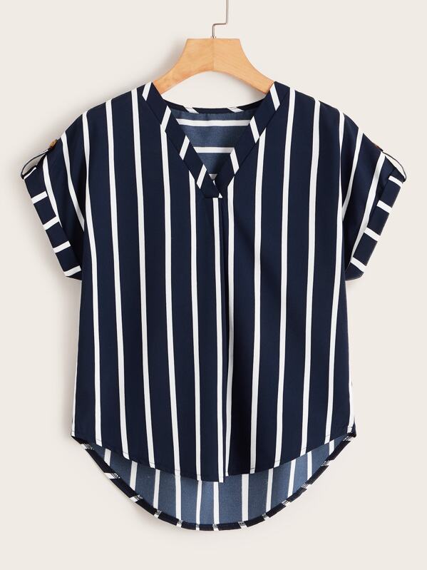 

Vertical-Striped Curved Hem Blouse, Navy