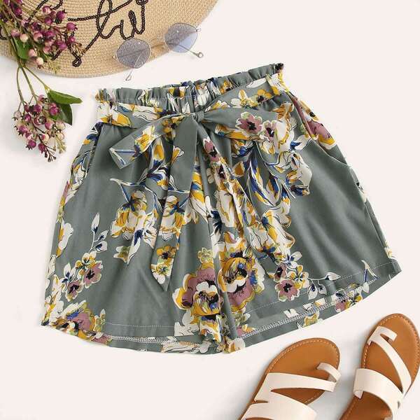 

Floral Print Paperbag Waist Belted Shorts