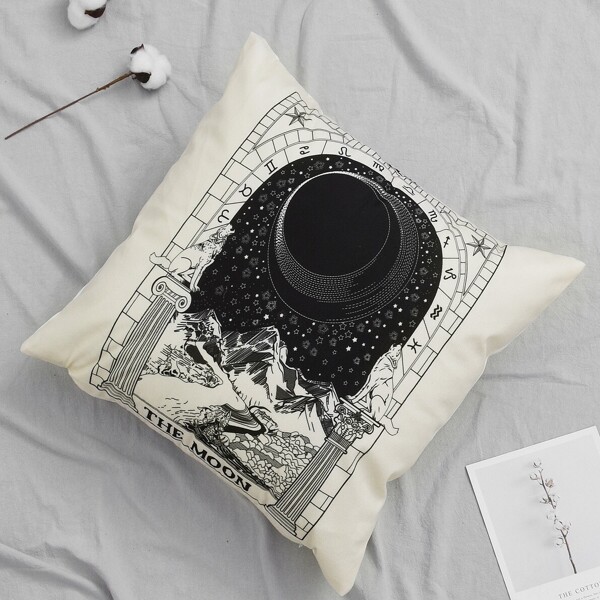 

Mountain & Moon Pattern Cushion Cover, Black and white