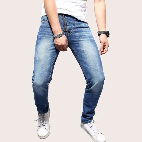 

Men Zipper Front Pocket Detail Wash Jeans