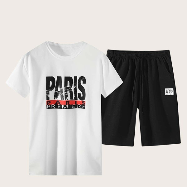 

Men Letter Print Tee With Drawstring Waist shorts