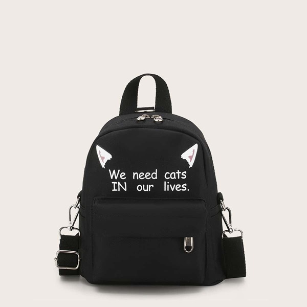 

Slogan Print Pocket Front Backpack, Black