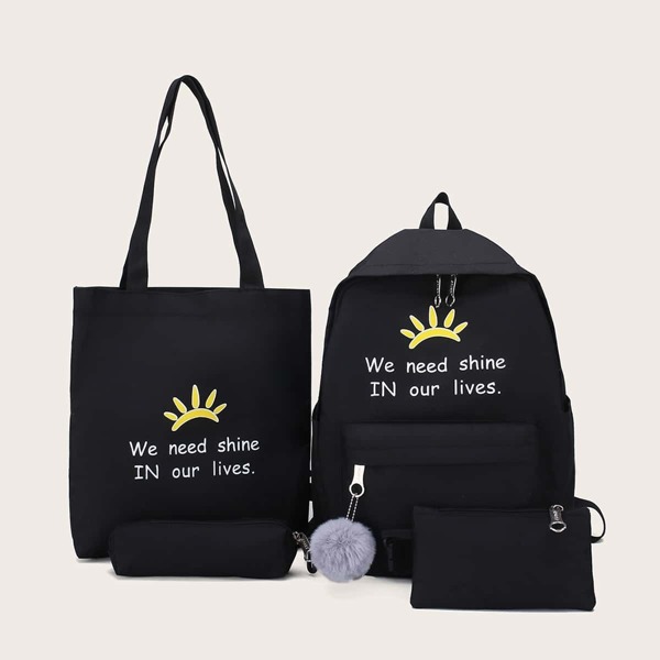 

Slogan Print Pom Pom Decor Backpack 4pcs, Black
