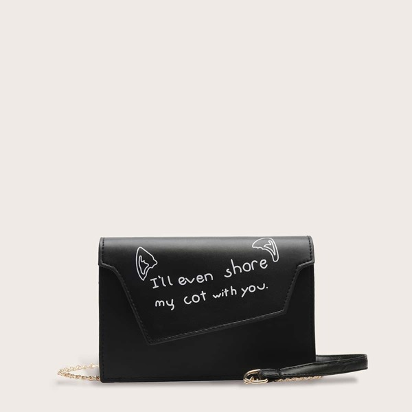 

Slogan Print Flap Chain Bag
