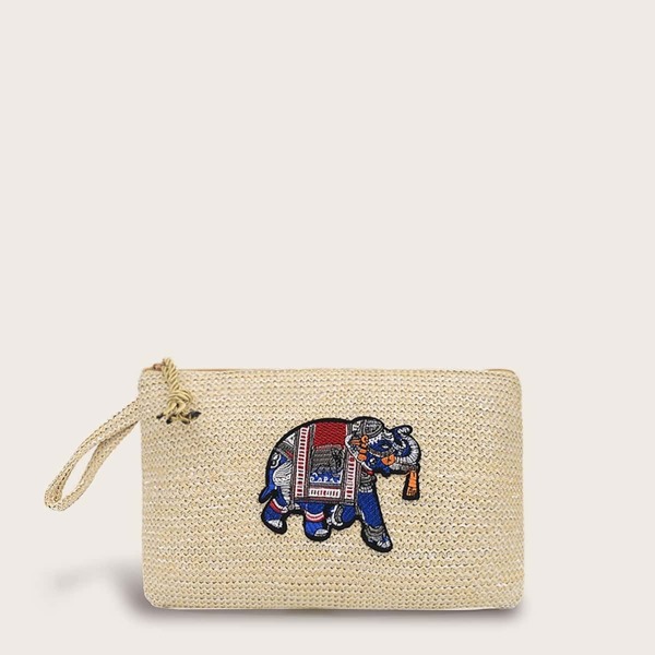 

Embroidered Elephant Patch Decor Woven Purse, Apricot