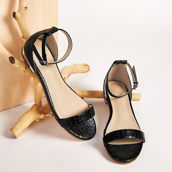 

Croc Embossed Ankle Strap Flat Sandals, Black