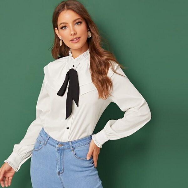 

Tie Neck Ruffle Hem Blouse, White