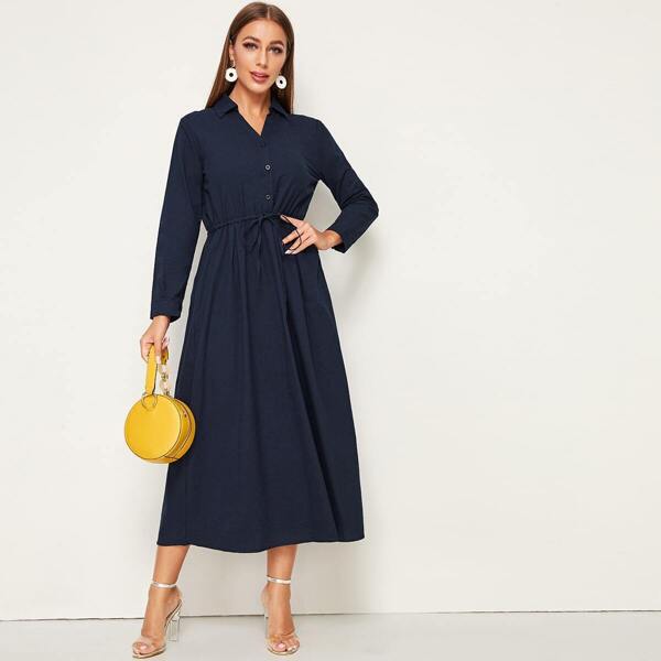 

Drawstring Waist Button Front Longline Dress