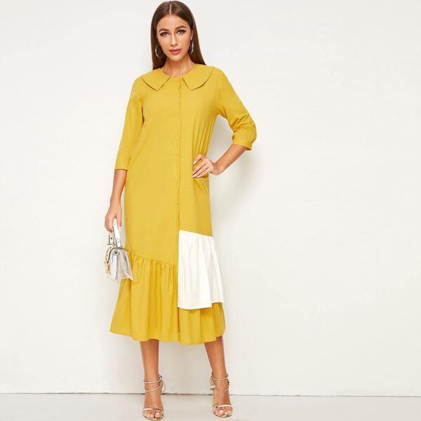 

Color Block Ruffle Hem Longline Dress