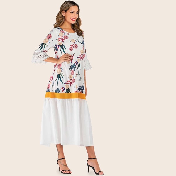 

Ruffle Hem Lace Contrast Floral Dress, White