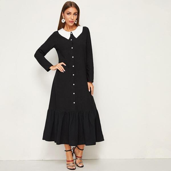 

Button Through Ruffle Hem Dress, Black