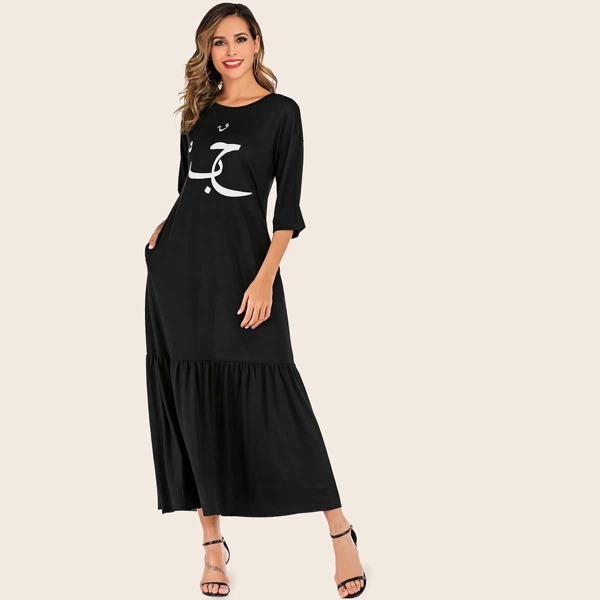 

Ruffle Hem Letter Print Longline Dress, Black
