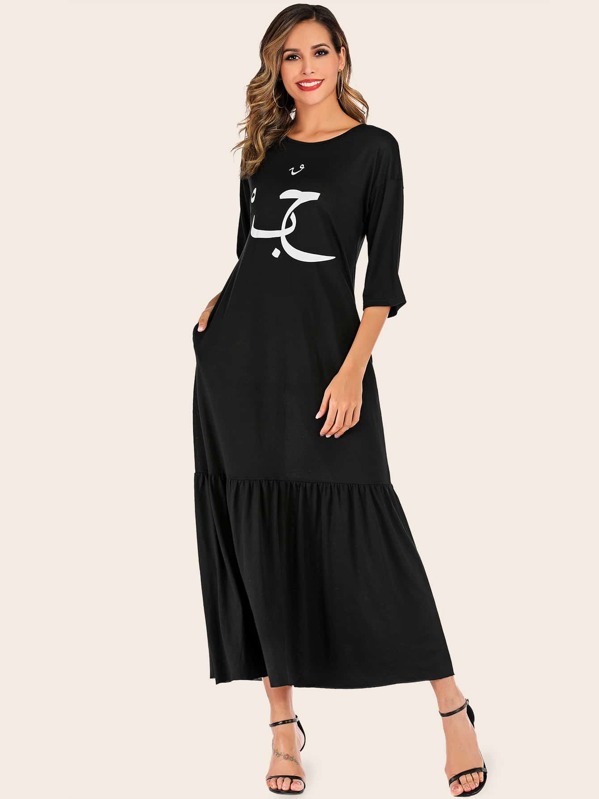 

Ruffle Hem Letter Print Longline Dress, Black, Giulia