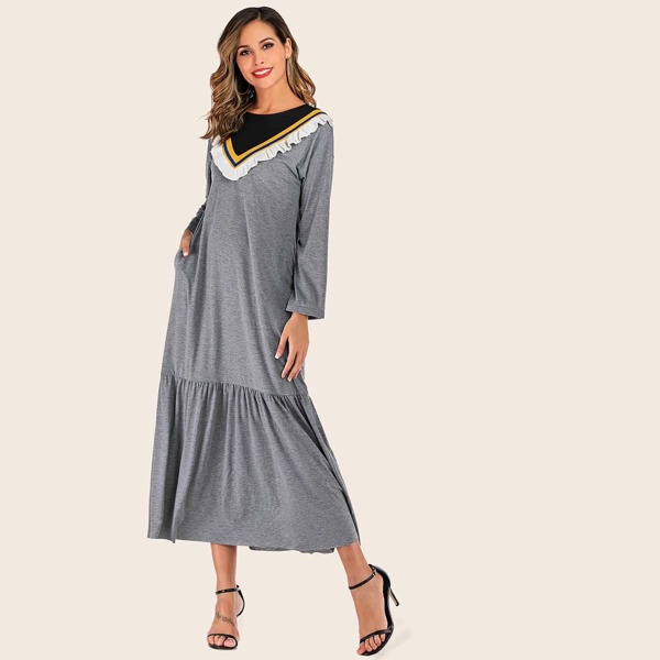 

Ruffle Hem Colorblock Longline Dress, Grey