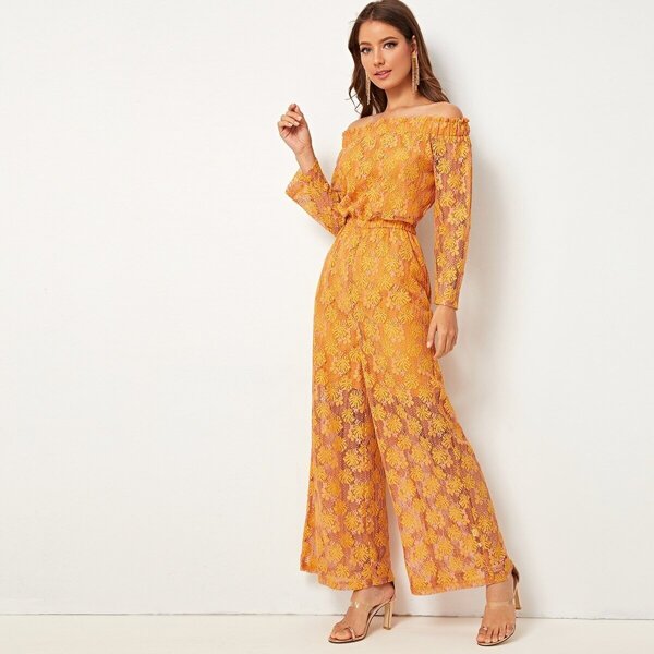 

Off-shoulder Guipure Lace Wide Leg Jumpsuit, Yellow