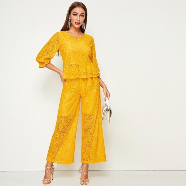 

Ruffle Hem Lace Blouse & Wide Leg Pants, Yellow