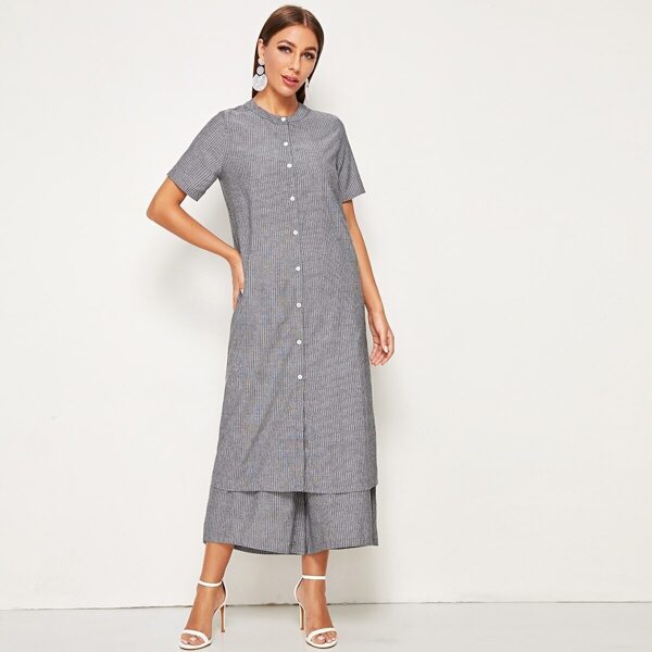 

Button Front Longline Stripe Blouse & Wide Leg Pants