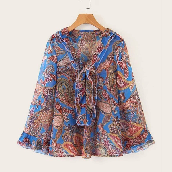 

Ruffle Trim Paisley Print Chiffon Blouse