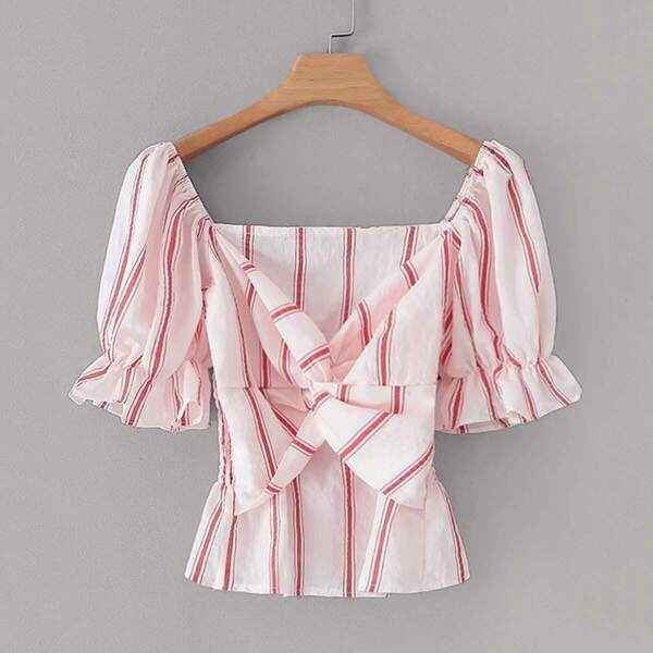 

Flounce Sleeve Twist Front Stripe Blouse