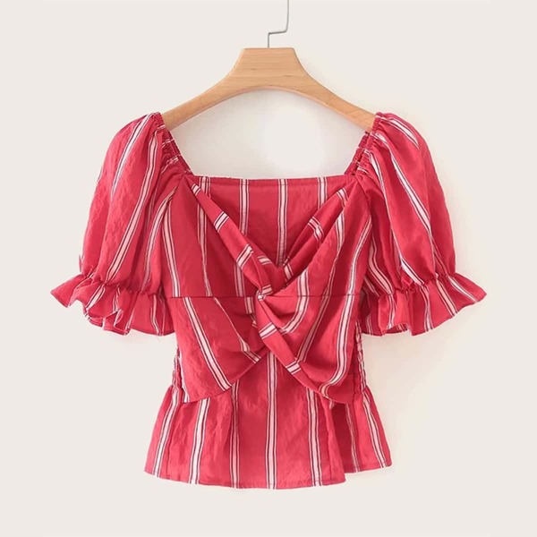 

Flounce Sleeve Twist Front Stripe Blouse