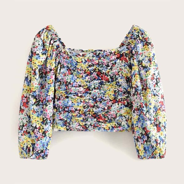

Colourful Floral Print Ruched Blouse