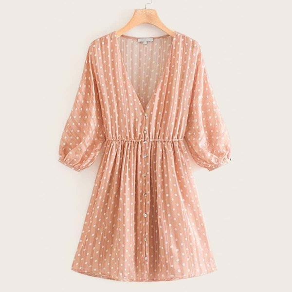 

Chiffon Polka Dot Button Front A-line Dress, Pink