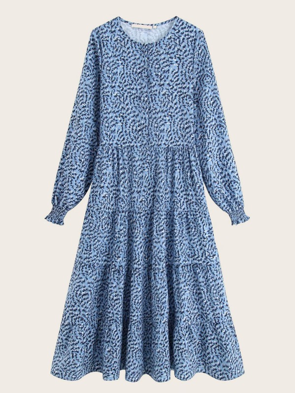 

Allover Print High Waist Flared Dress, Blue