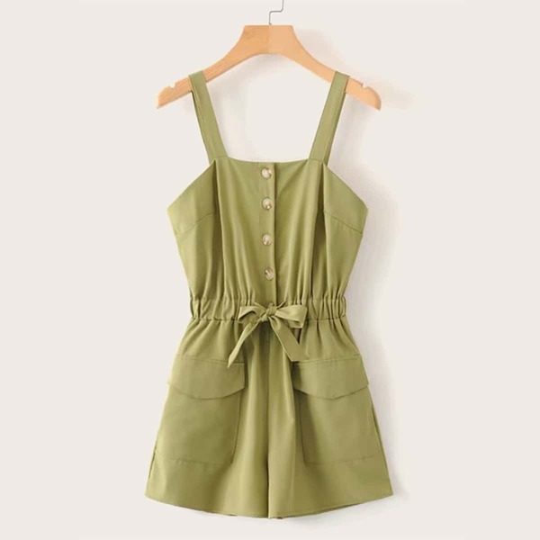 

Drawstring Waist Button Through Cami Romper