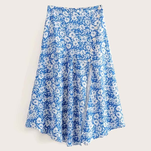 

Floral Print Split Thigh Skirt, Blue