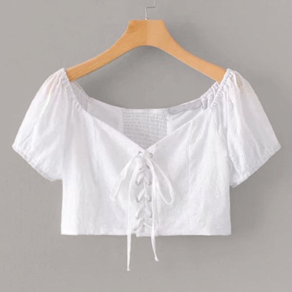 

Lace-up Front Shirred Crop Top