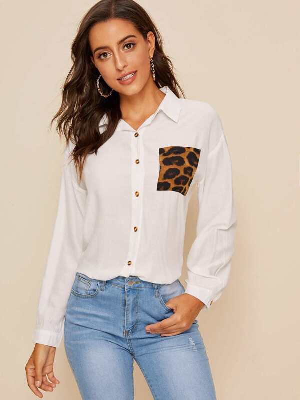

Contrast Leopard Pocket Button Front Blouse, White, Mary P.