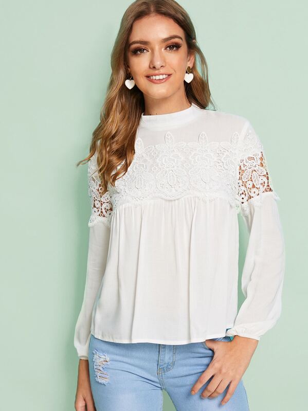 

Lace Panel Keyhole Back Blouse, White, Luiza