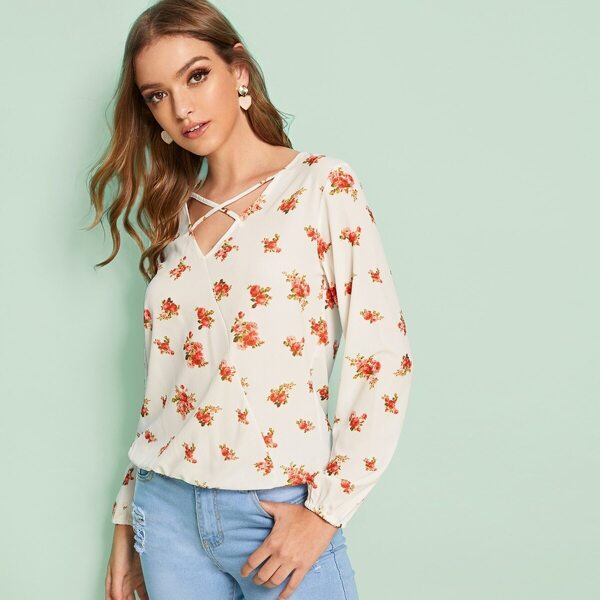 

Floral Print Criss Cross Blouse, Beige