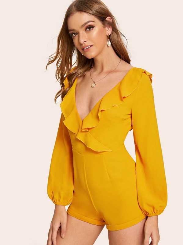 

Deep V-neck Ruffle Trim Mini Romper, Yellow, Luiza