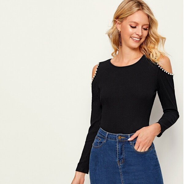 

Open Shoulder Pearls Beaded Rib Knit Tee