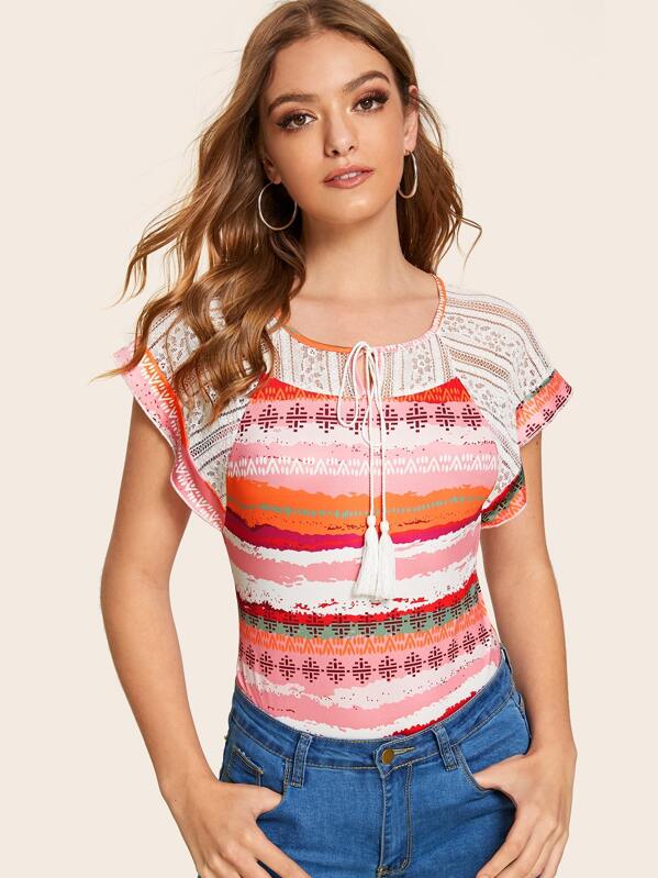 

Блуза с кружевом и племенным принтом, Многоцветный, Luiza