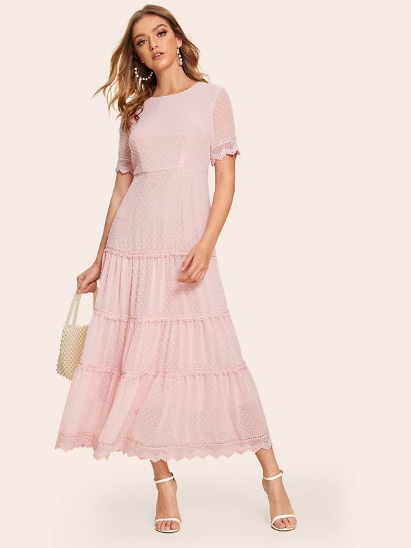 Contrast Lace Swiss Dot Ruffle Hem Dress, Pink, Luiza