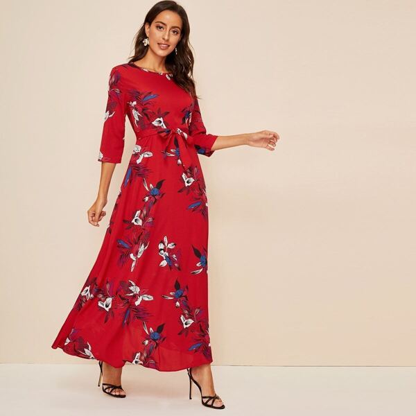 

Floral Print Self Tie Maxi Dress, Red