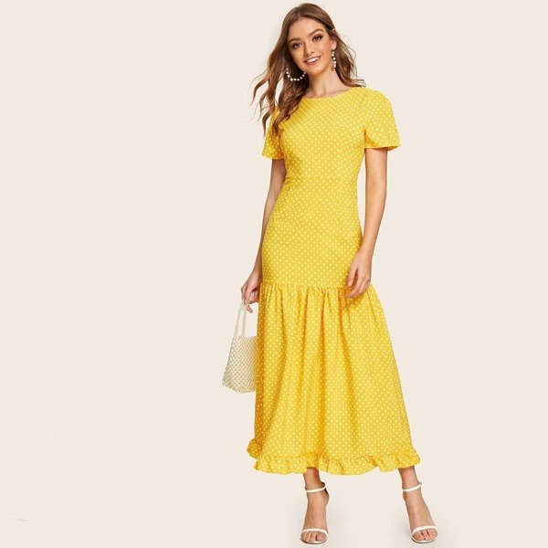 

Polka Dot Frill Hem Maxi Dress, Yellow