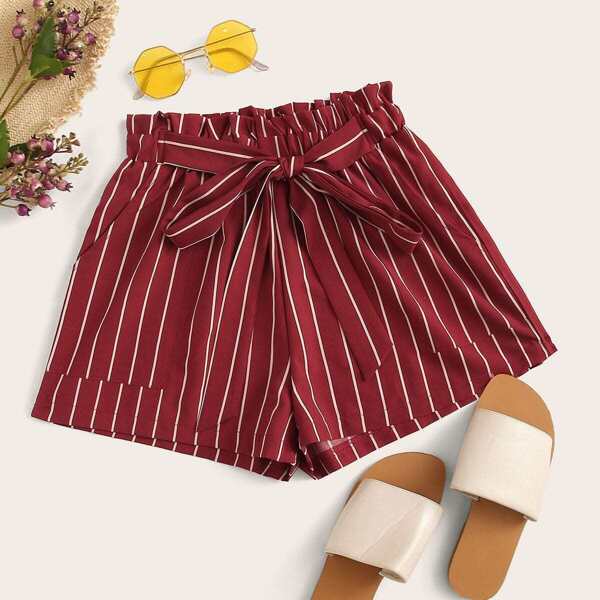 

Vertical Striped Tie Front Paperbag Waist Shorts