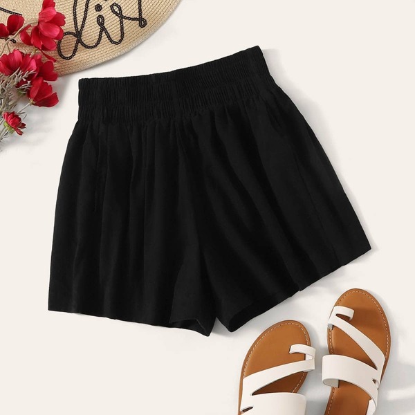

Solid Shirred Waist Shorts, Black