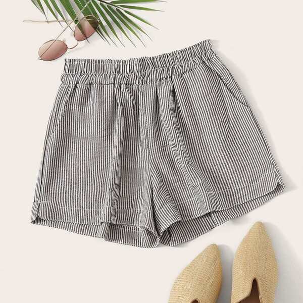 

Striped Elastic Waist Wide Leg Shorts, Grey