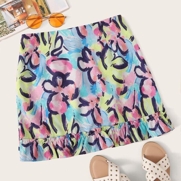 

Floral Print Frill Hem Skirt