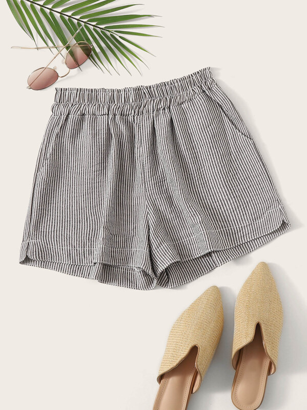 

Striped Elastic Waist Wide Leg Shorts, Grey