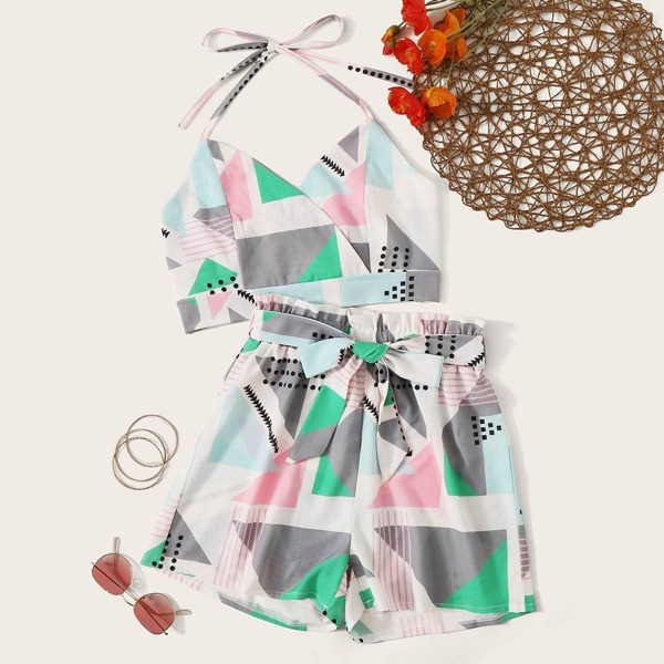 

Geo Print Color-block Halter Top & Belted Shorts