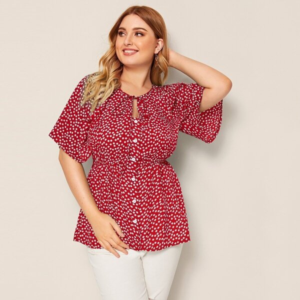 

Plus Ditsy Floral Print Keyhole Front Ruffle Hem Blouse, Red